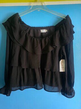 NWT Time and Tru XXL 20 Black Tiered Ruffle Blouse Sheer Sleeve